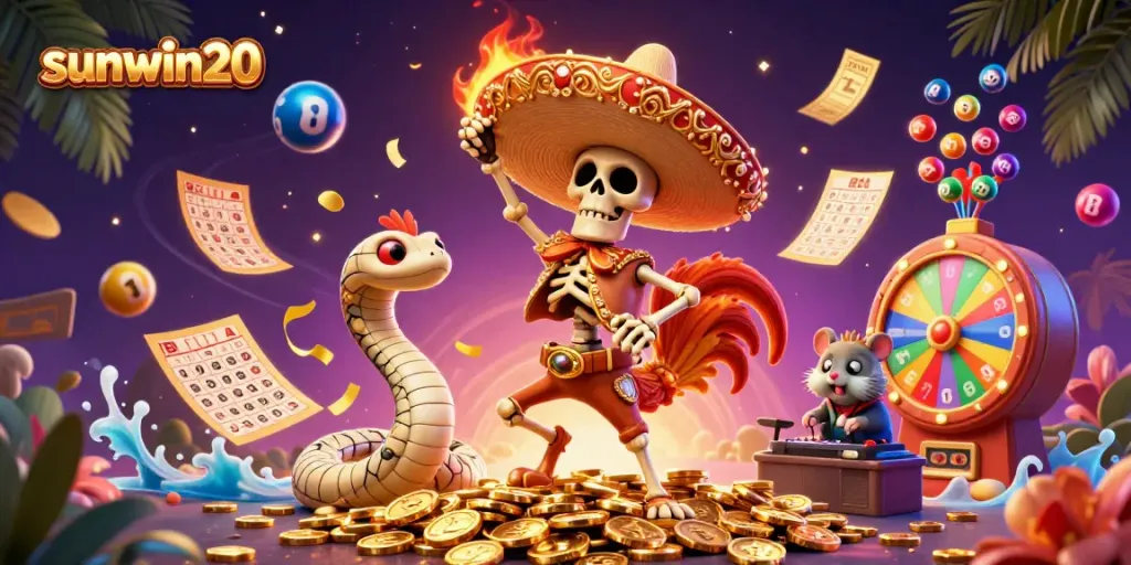 Experience big wins with sunwin20 in a vibrant scene of celebratory casino characters amidst colorful gambling elements.