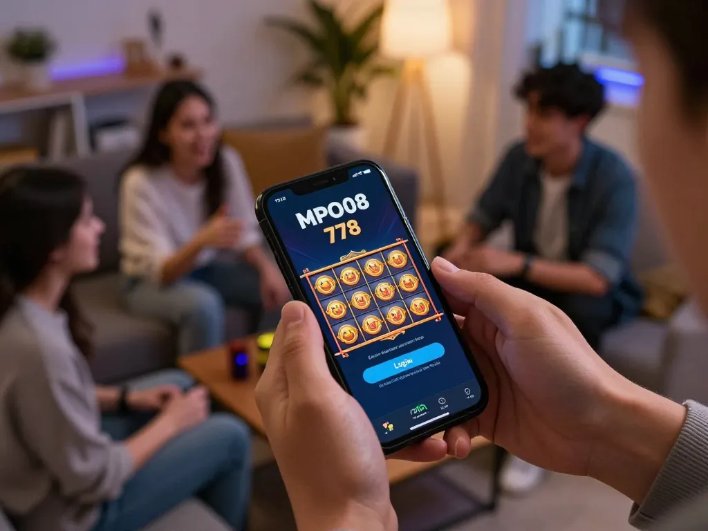MPO08 Login 778 in action on smartphone, showcasing thrilling slots gameplay in a cozy setting.