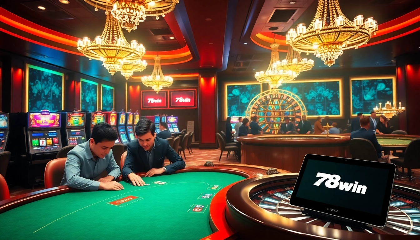 Engaging scene of Nhà cái 78Win with players at a poker table and illuminated slot machines.