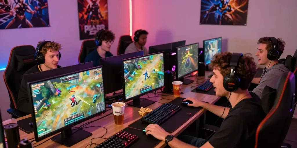 Atmosfer kompetisi dalam dunia game online Kediritoto dengan pemain antusias di ruang bermain yang hidup.