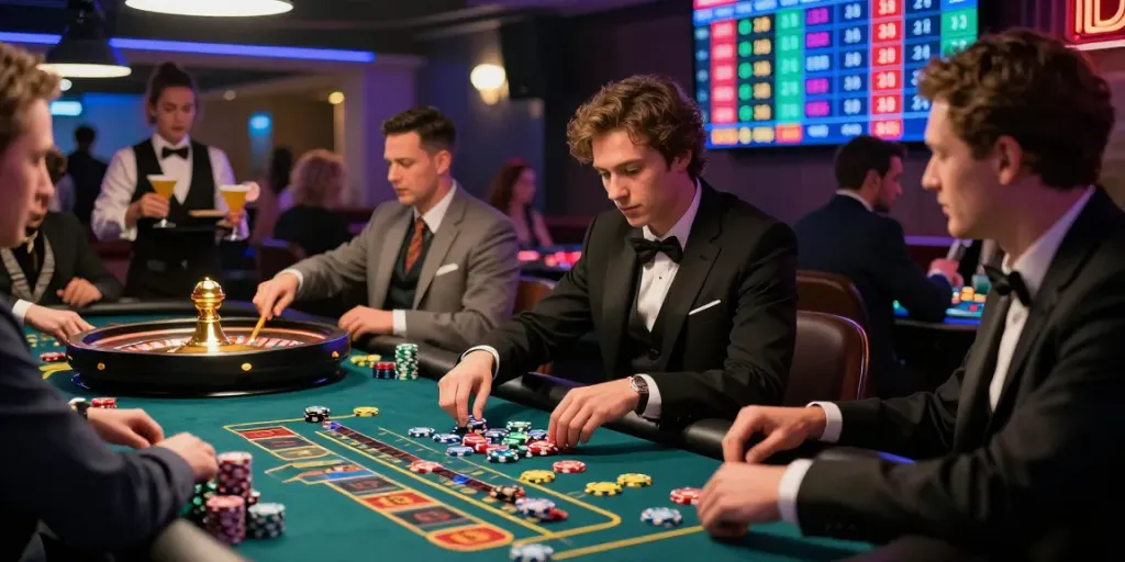 Ratutogel link digunakan oleh pemain di kasino dengan suasana meriah dan lampu neon.