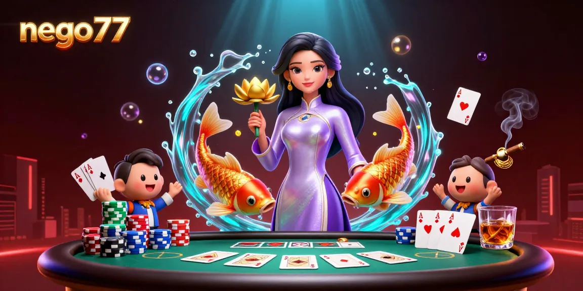 Nego77 brings luck with a 3D Asian casino scene featuring vibrant poker elements