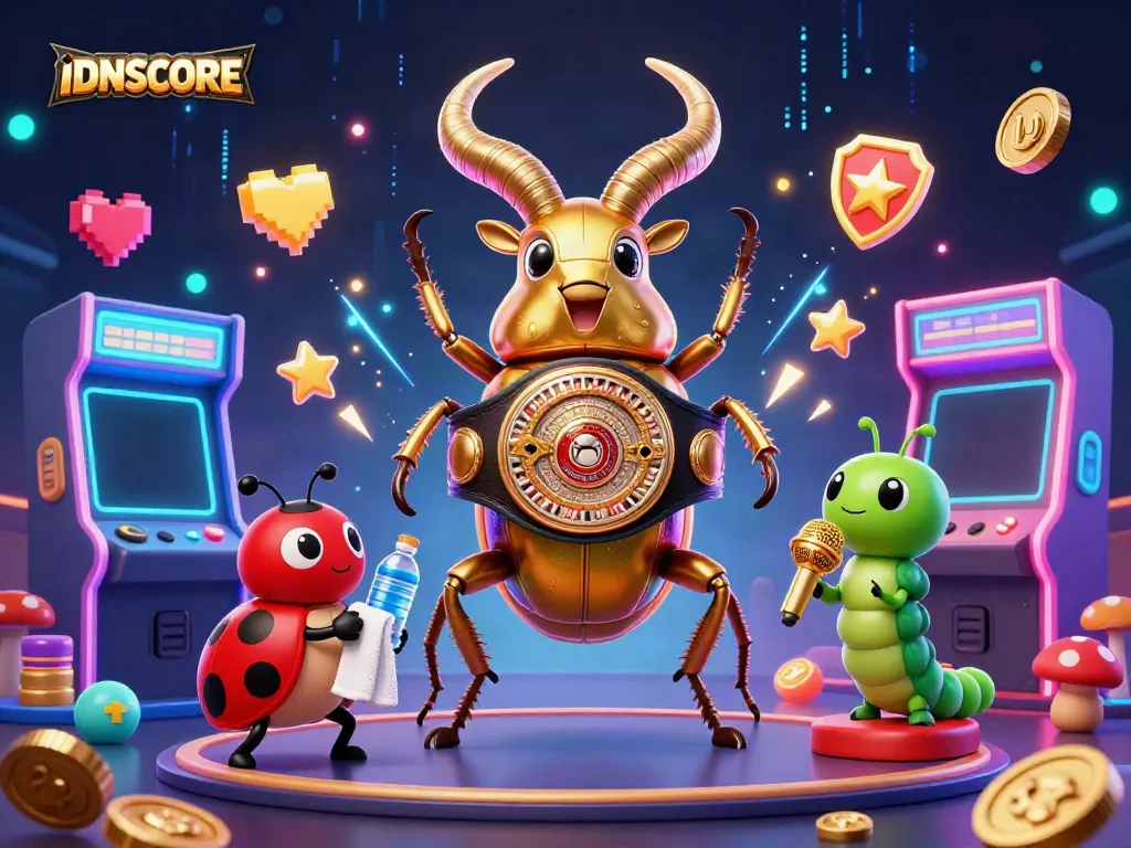 Engaging scene of IDNSCORE featuring a golden stag beetle champion with gaming elements, vibrant and dynamic.