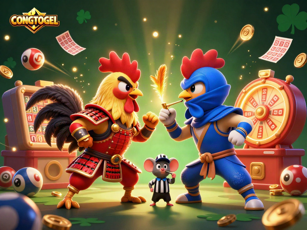 CONGTOGEL showcases a vibrant 3D illustration of cartoon fighting roosters in a lottery scene filled with dynamic game elements.