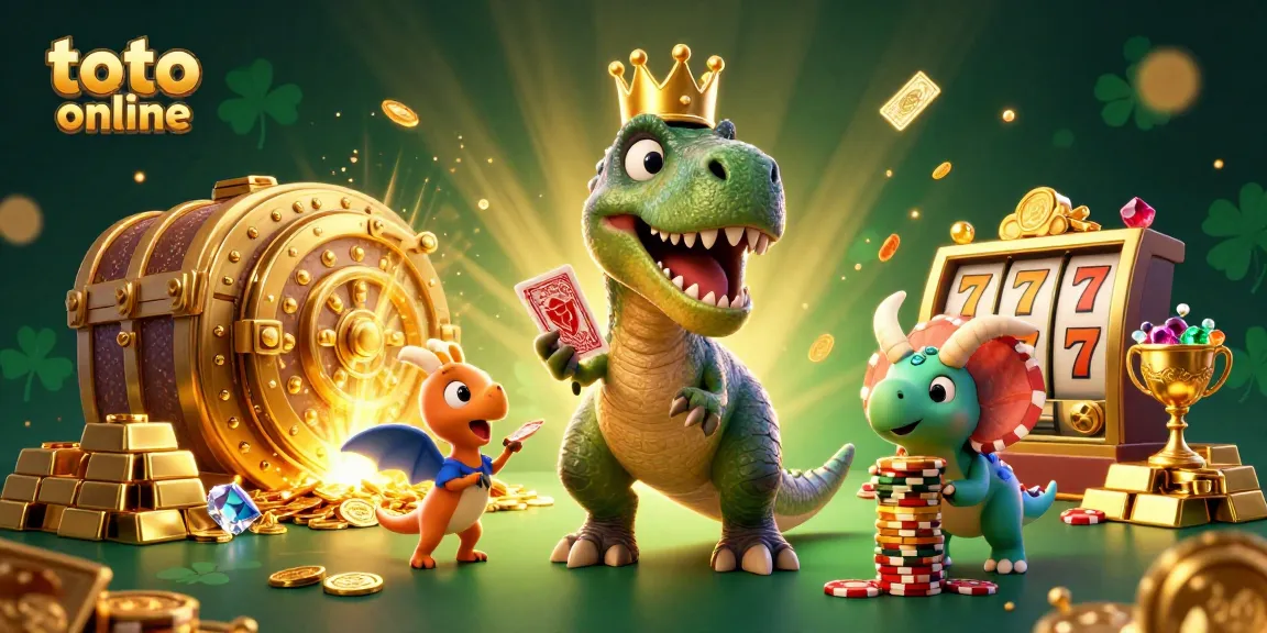 Toto online memperlihatkan T-Rex yang ramah yang mencoba mengocok kartu dengan bantuan pterosaurus dan triceratops, dalam suasana kasino yang meriah.