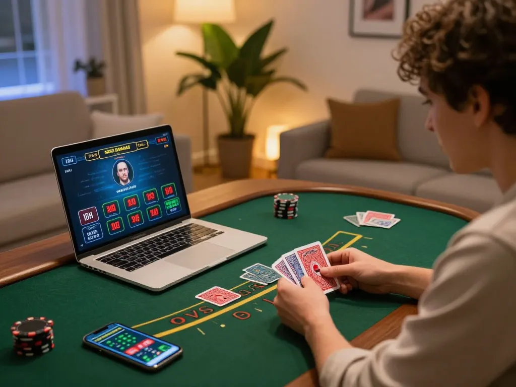 Player enjoying an engaging live blackjack game on 78win's online platform in a cozy setup