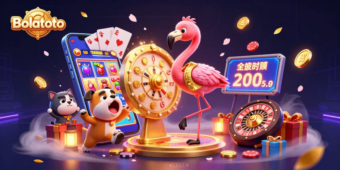Bolatoto slots excitement with an animated flamingo host, bulldog, and scoreboard cat in action.