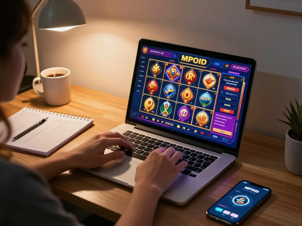 MPOID online slot gaming experience with an inviting home setup featuring a laptop and strategy notes