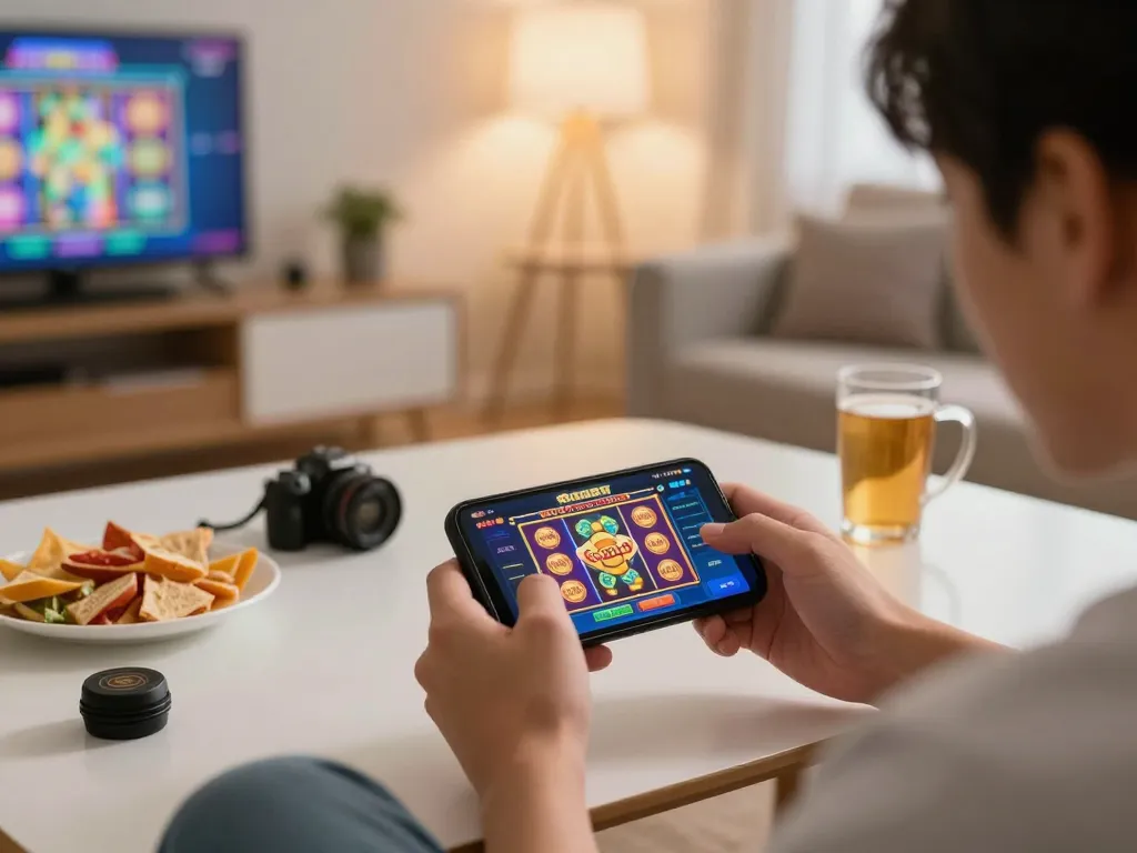 Bermain game mobile di smartphone yang menampilkan antarmuka slot gacor, suasana rumah kasual