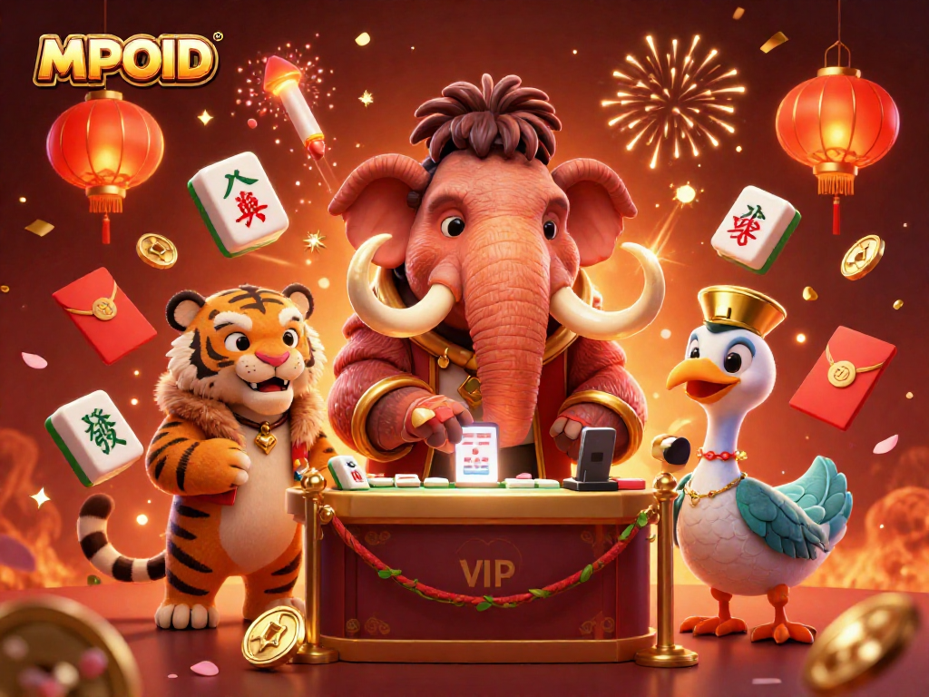 MPOID engages players with a vibrant casino scene featuring lively characters and festive elements.