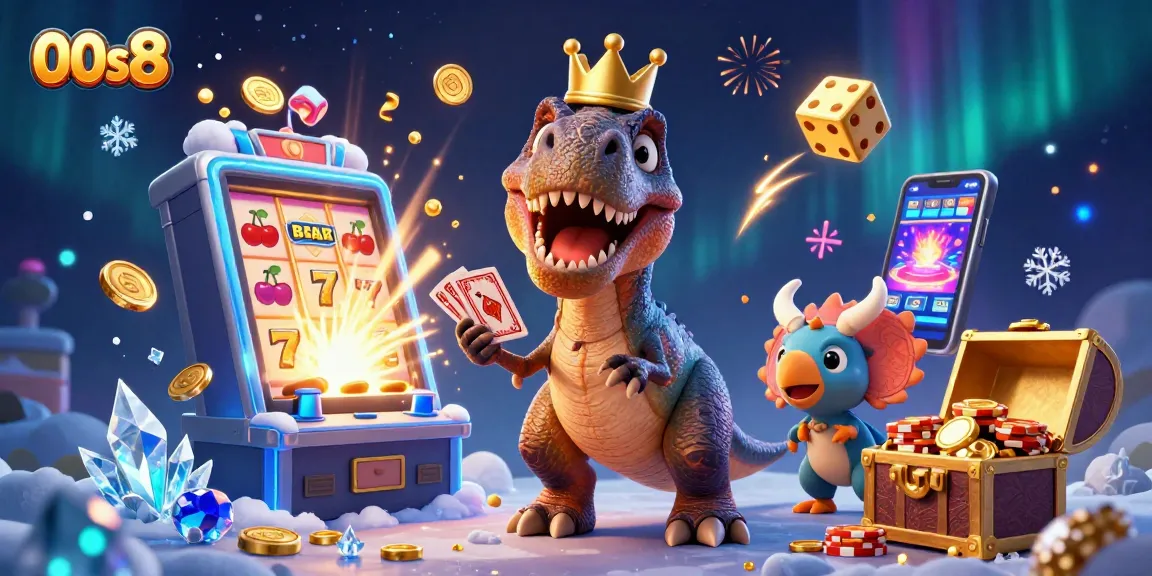 Experience thrilling jackpot excitement with 00s8's vibrant casino scene featuring dinosaurs and gaming action.