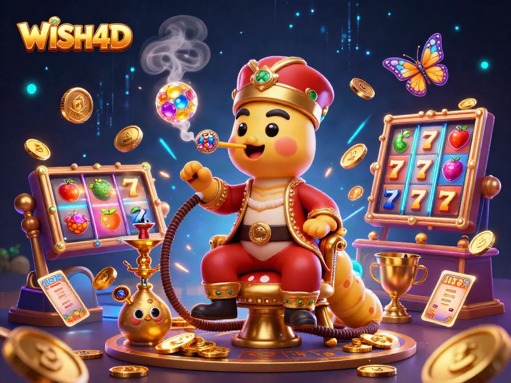 WISH4D showcases exciting slot gaming with vibrant characters and golden symbols in action.