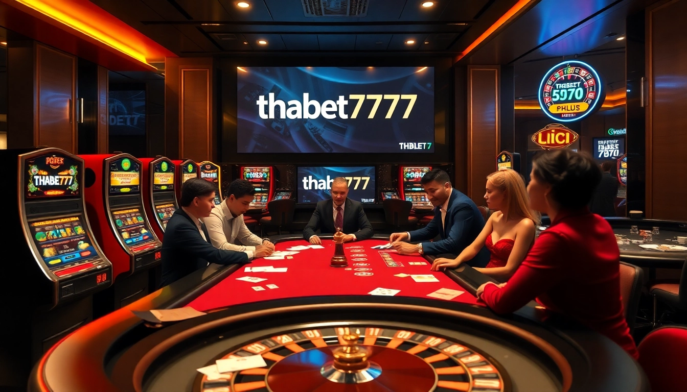 High-stakes poker game scene at thabet777 casino with players and vibrant slot machines.