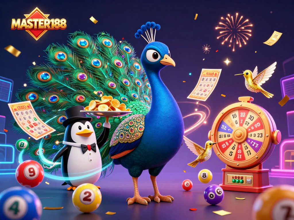 Engage with the excitement of gaming at MASTER188 with a vibrant, celebratory scene full of lottery elements