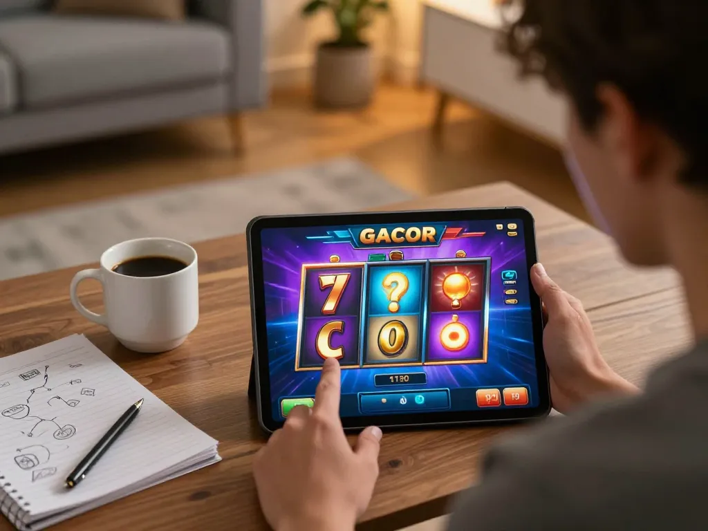 Engaging online gaming moment featuring a slot gacor game on a tablet in a cozy home setting