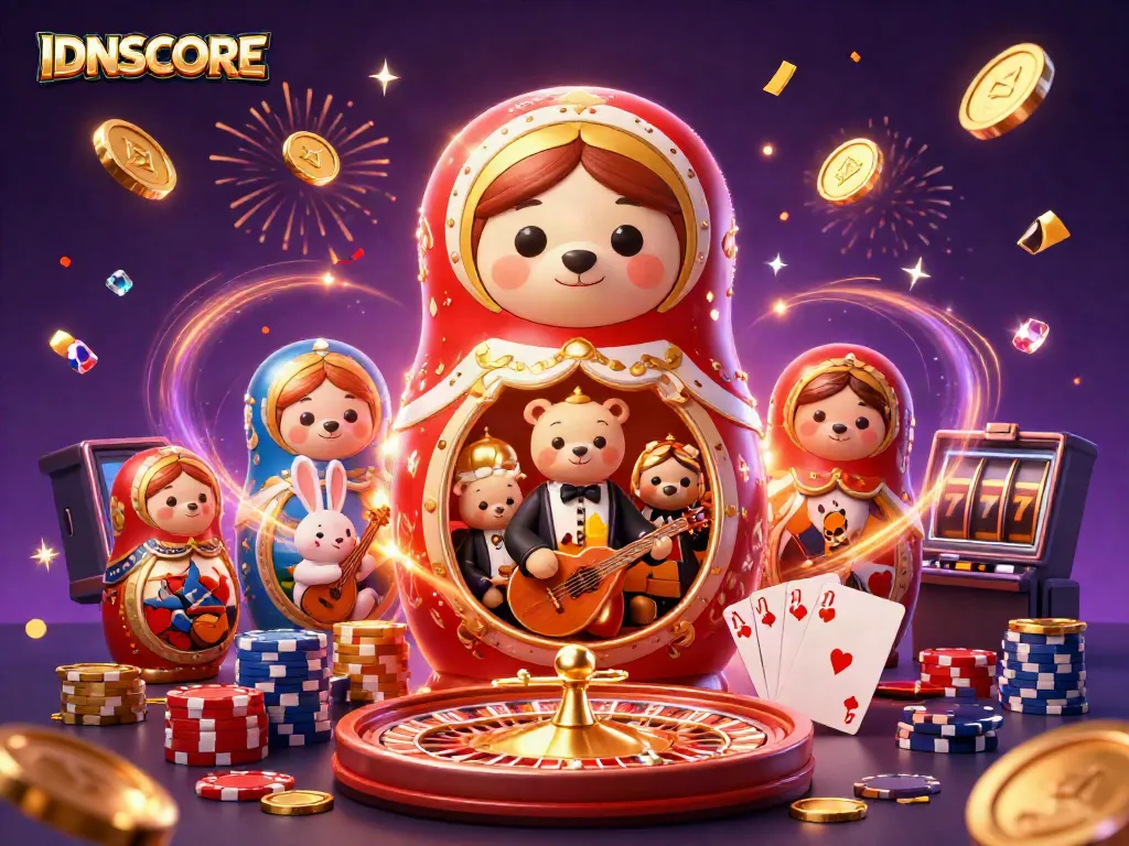 Experience winning fun with IDNSCORE illustrated by a cartoon bear and captivating casino elements.