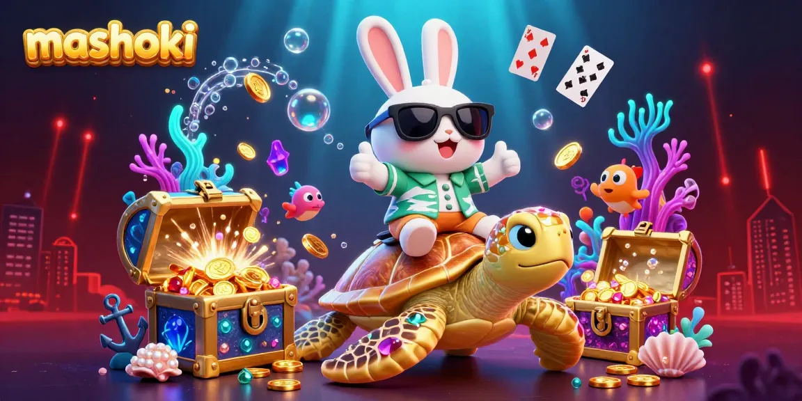 Engage with mashoki's vibrant casino adventure featuring a lucky rabbit and golden turtle amidst treasure and playful sea elements.