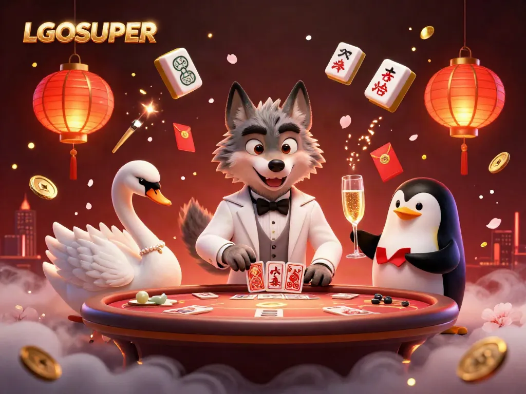 Engage with LGOSUPER’s sophisticated gaming ambiance featuring cartoon characters and vibrant casino elements.
