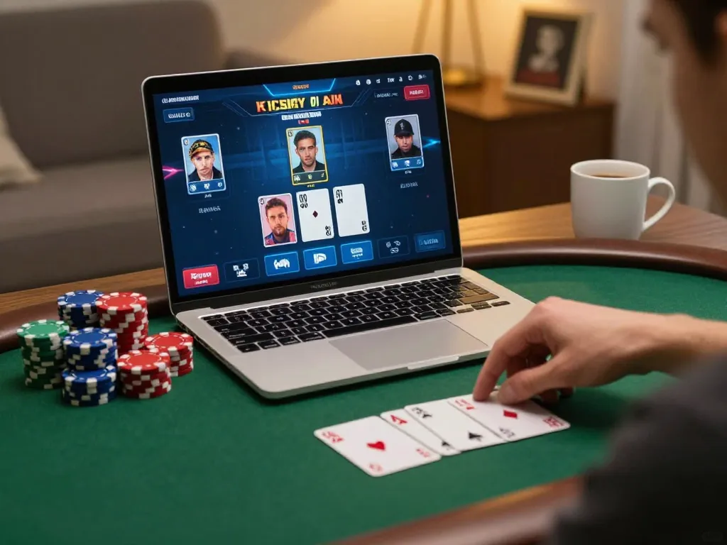 Permainan poker online yang menarik di rumah menggunakan laptop oleh OKESLOT, menampilkan momen strategis dan suasana yang nyaman