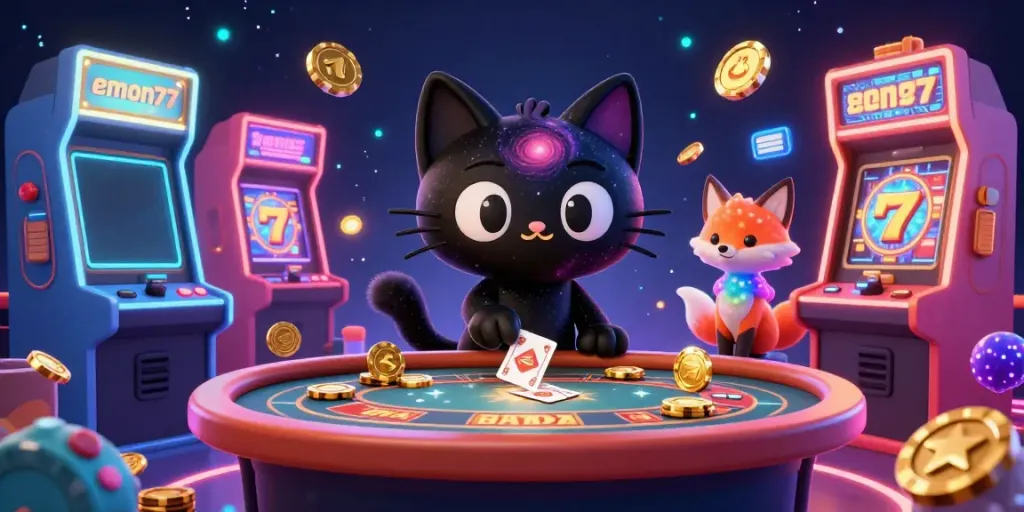 Experience the thrilling action of emon77 slots with a black hole cat and nebula fox in this vibrant casino scene.