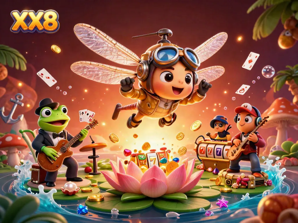 Experience exciting live casino action with the vibrant XX8 dragonfly pilot and frog croupier animated illustration