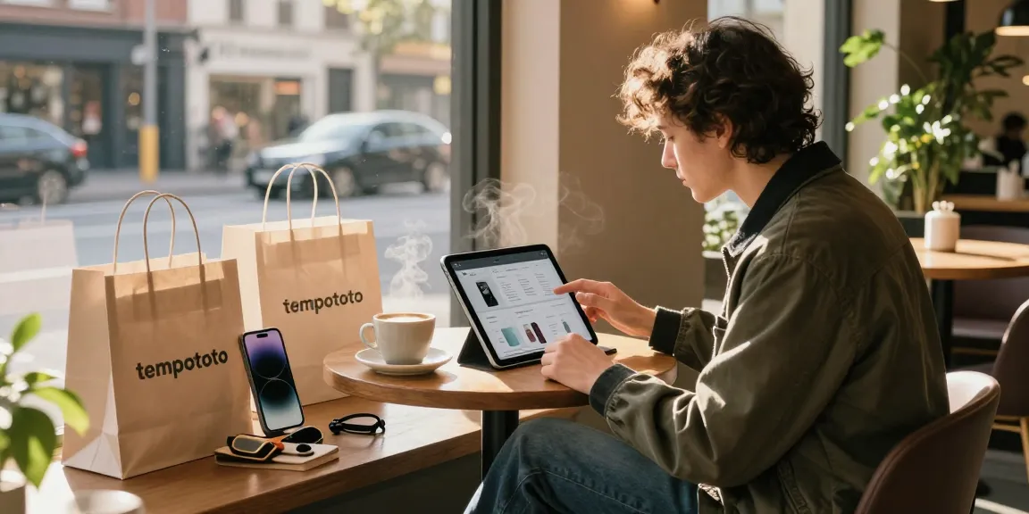 Browsing tempototo products at a trendy café, showcasing modern e-commerce lifestyle.