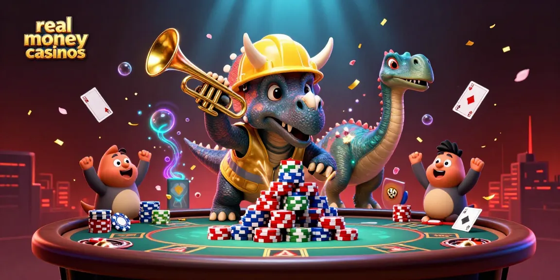 Experience real money casinos with a vibrant scene featuring poker play, celebrating characters, and dynamic gaming elements.