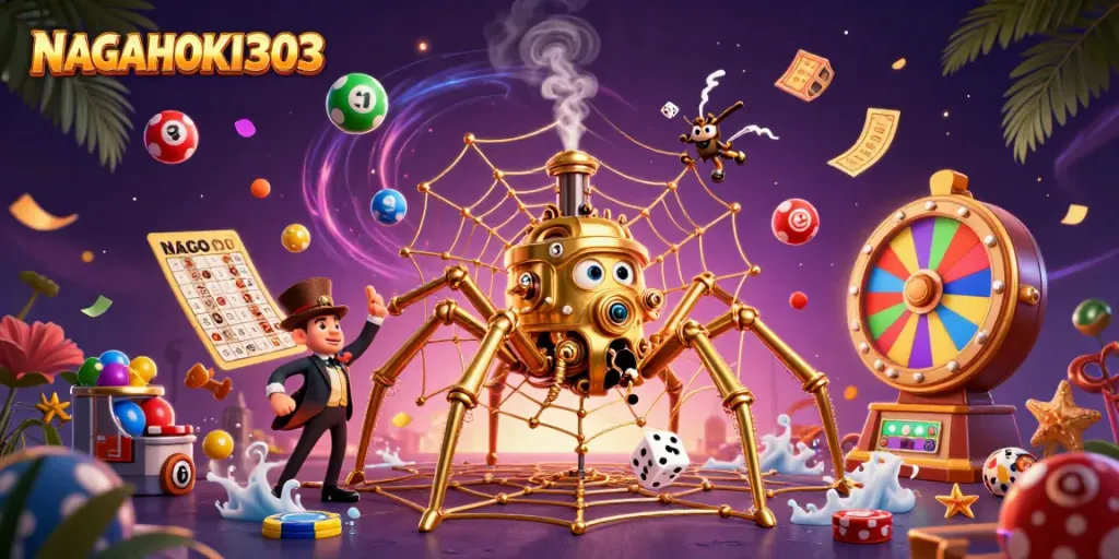 NAGAHOKI303 showcases vibrant 3D casino elements with a steampunk spider and dynamic game features.