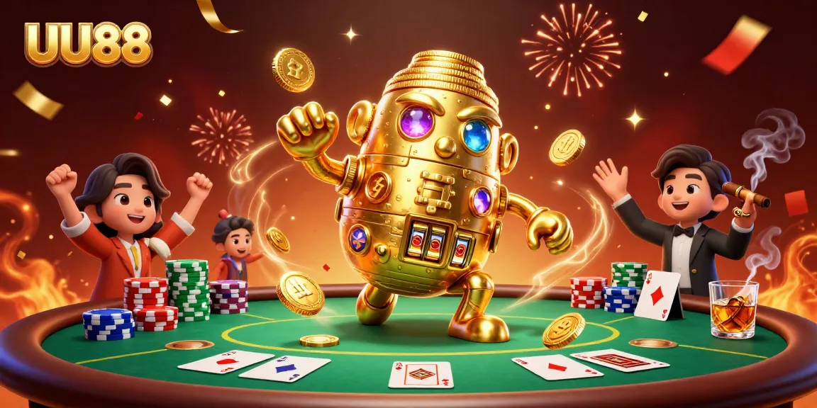 Engage with exciting casino action at UU88 with a vibrant golden golem amidst poker elements.