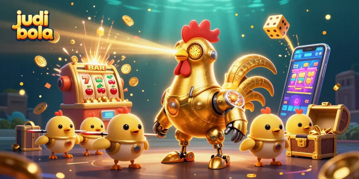 Menghadapi judi bola dengan robot ayam emas futuristik di tengah mesin slot berkilauan dan efek koin.