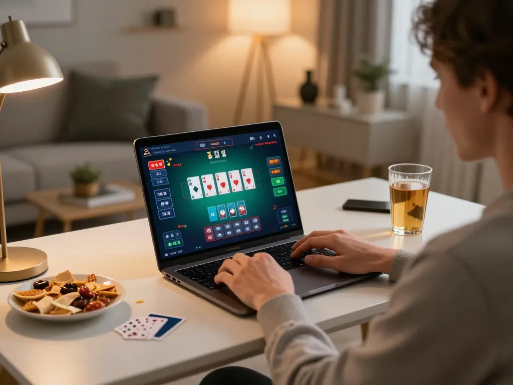 Engage in online gaming with interactive poker gameplay displayed on a laptop screen actively showing GAME ONLINE.