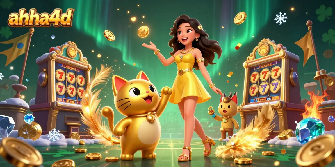 Engage with ahha4d's vibrant slot gaming scene illustrated with a cheerful lady and a lucky cat.
