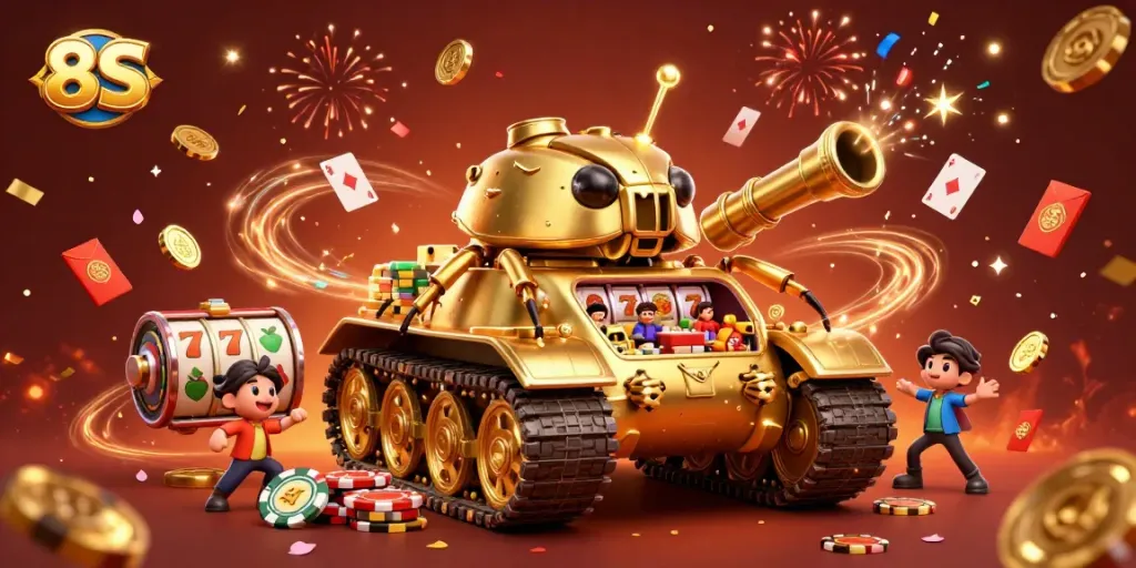 Experience the excitement of 8S gambling with rich, festive casino visuals featuring a golden beetle tank.