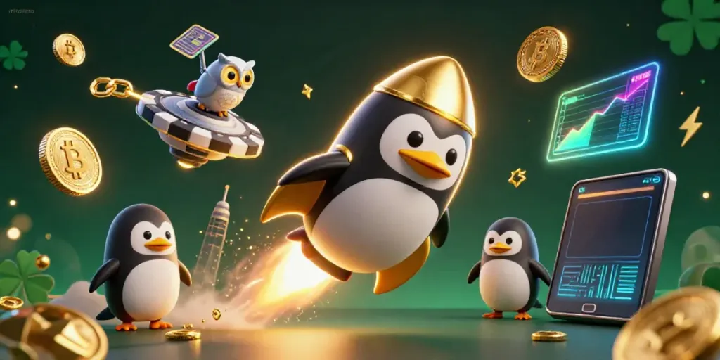 Menggunakan niastoto, lihat penguin emas bertenaga roket dalam ilustrasi 3D kasino yang mengasyikkan.