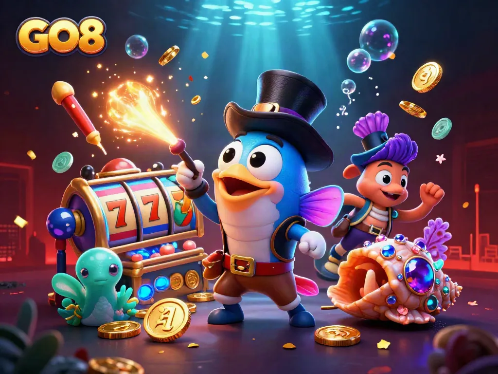 Engage with GO8's vibrant casino scene featuring a cartoon anglerfish, pirate shrimp, and gemstone snail amidst cascading coins.