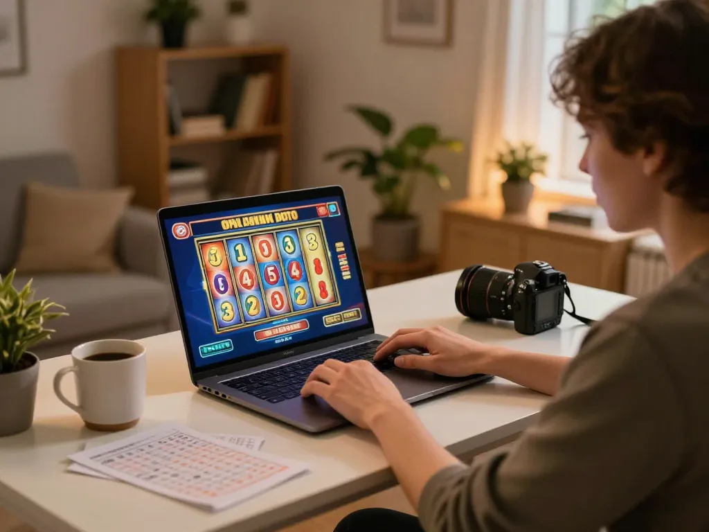 Toto online slots gameplay on a laptop with a comfortable home setup for responsible gambling.