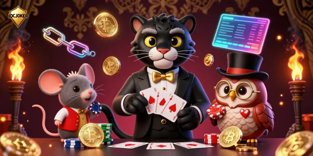 Explore IDCJOKER with a charismatic panther dealing cards amid cryptocurrencies and enchanting casino ambiance.