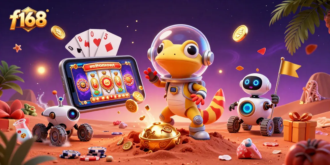 Experience the thrill of f168 casino games with a Martian gecko and robot discovering treasures.