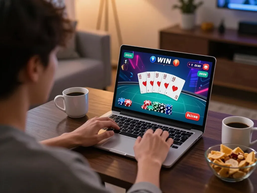 IWIN player engaged in an intense online poker game, showcasing chips and cards on a vibrant gaming screen.