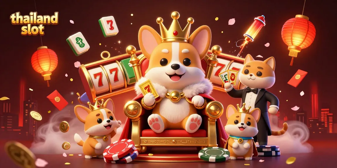 Play thrilling thailand slot games with the royal corgi surrounded by vivid casino elements.