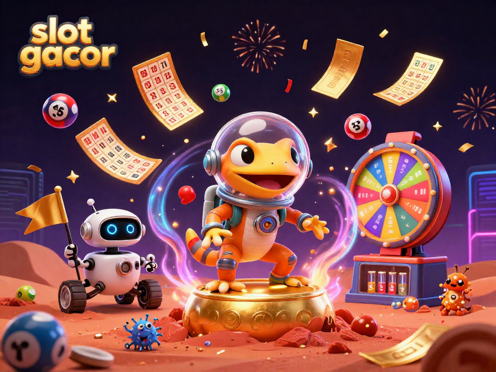 Menangkan slot gacor dengan ilustrasi ceria gecko Mars di kasino emas, dikelilingi bola lotre berwarna-warni.