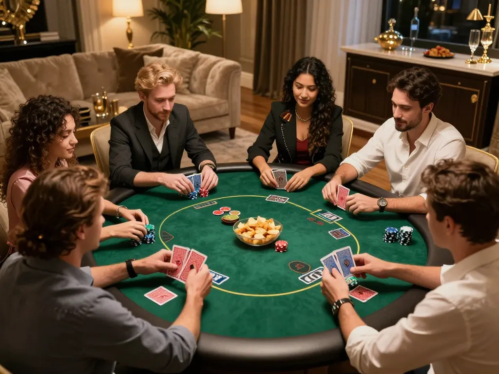 Engaging home gaming scene showcasing LGOLUX LOGIN with friends playing poker around an elegant table.