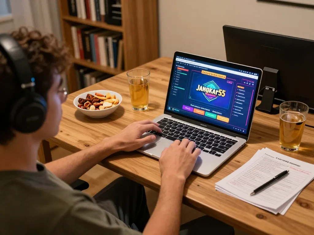 Engaging in online casino gameplay at jangkar55 with a laptop setup, warm cozy atmosphere.