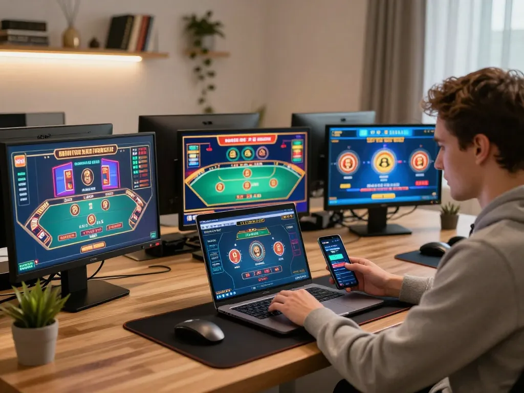 Engaging gameplay on a laptop showcasing alfa 138 online casino gaming setup in a stylish, modern workspace.