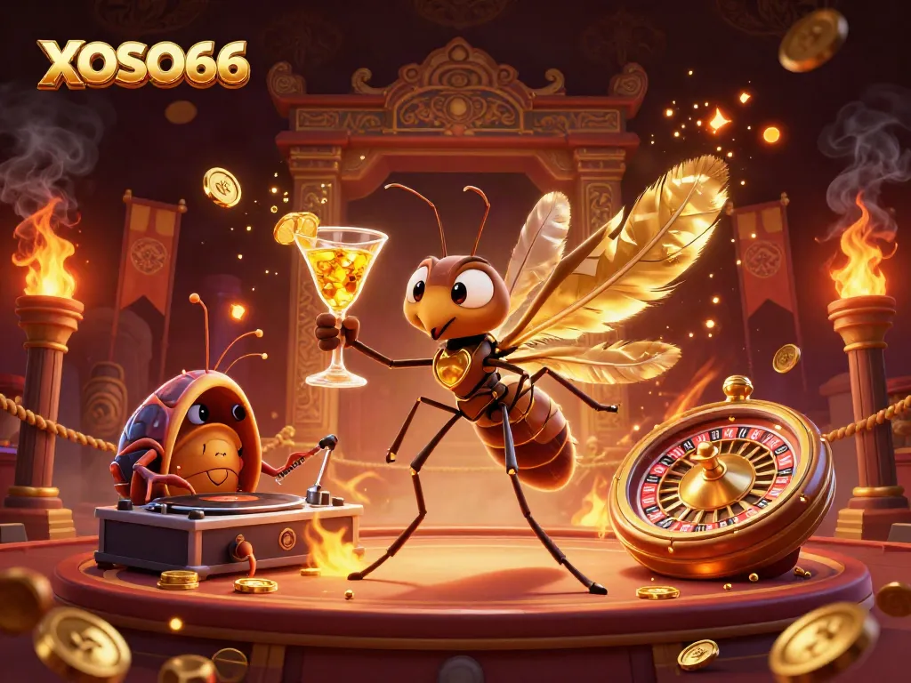 Engage in thrilling gameplay with XOSO66 featuring a lively casino scene with unique characters.