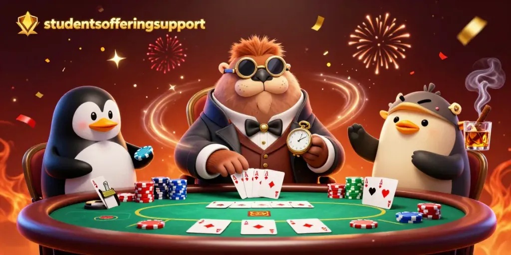 Menggunakan studentsofferingsupport, walrus berpenampilan jolly menikmati permainan poker di meja bawah laut.