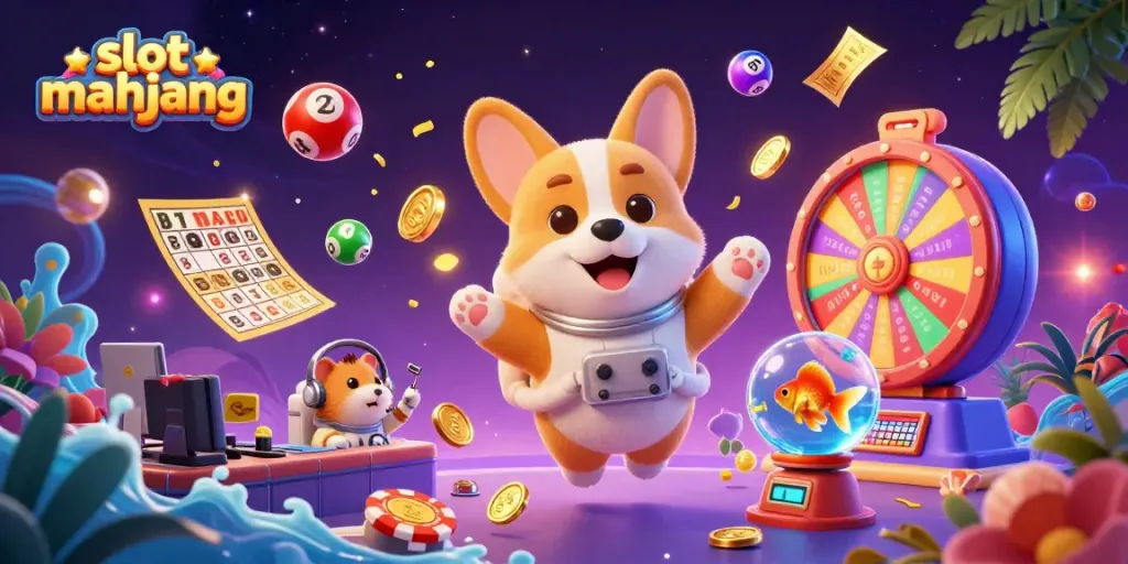 Permainan slot mahjong yang menghibur dengan corgi astronot, hamster, dan ikan dalam kasino luar angkasa.