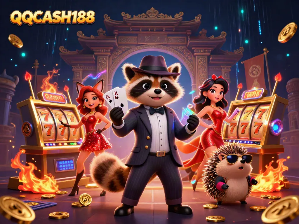 Cheerfully engaging QQCASH188 gaming scene featuring a suave raccoon, stylish fox, and watchful hedgehog amidst golden slot reels and vibrant gaming elements.