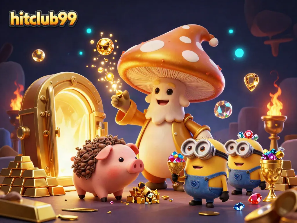 Engage in thrilling wins with hitclub99 in this dazzling casino scene featuring treasure, gold, and energetic characters.