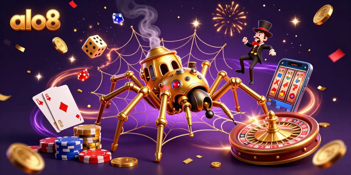 Alo8 presents a vibrant scene of a steampunk spider and a bemused fly gentleman, capturing gold coins and poker chips in a dynamic casino setting.